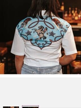 Lucky & Blessed Women's Printed Western Yoke Button Down Short Sleeve Top Rodeo